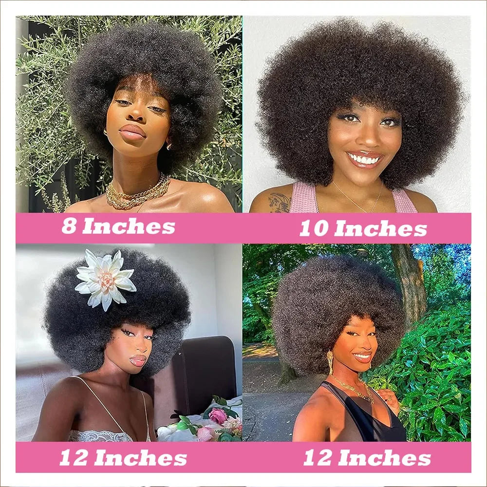 Perruques cheveux humains bouclés Afro courts avec frange – Perruques Bob naturelles, moelleuses, brésiliennes, 100% machine, densité 180%
