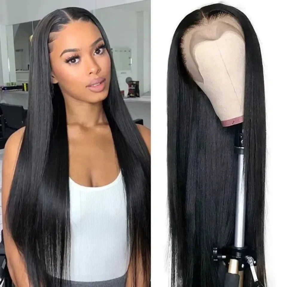 Perruque Lace Front synthétique lisse 13x4 noire, pré-épilée, baby hair, sans colle .