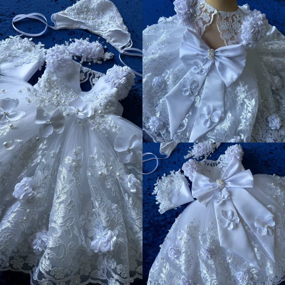 Robe baptême dentelle bonnet - fleurs 3D, tenue blanche fille