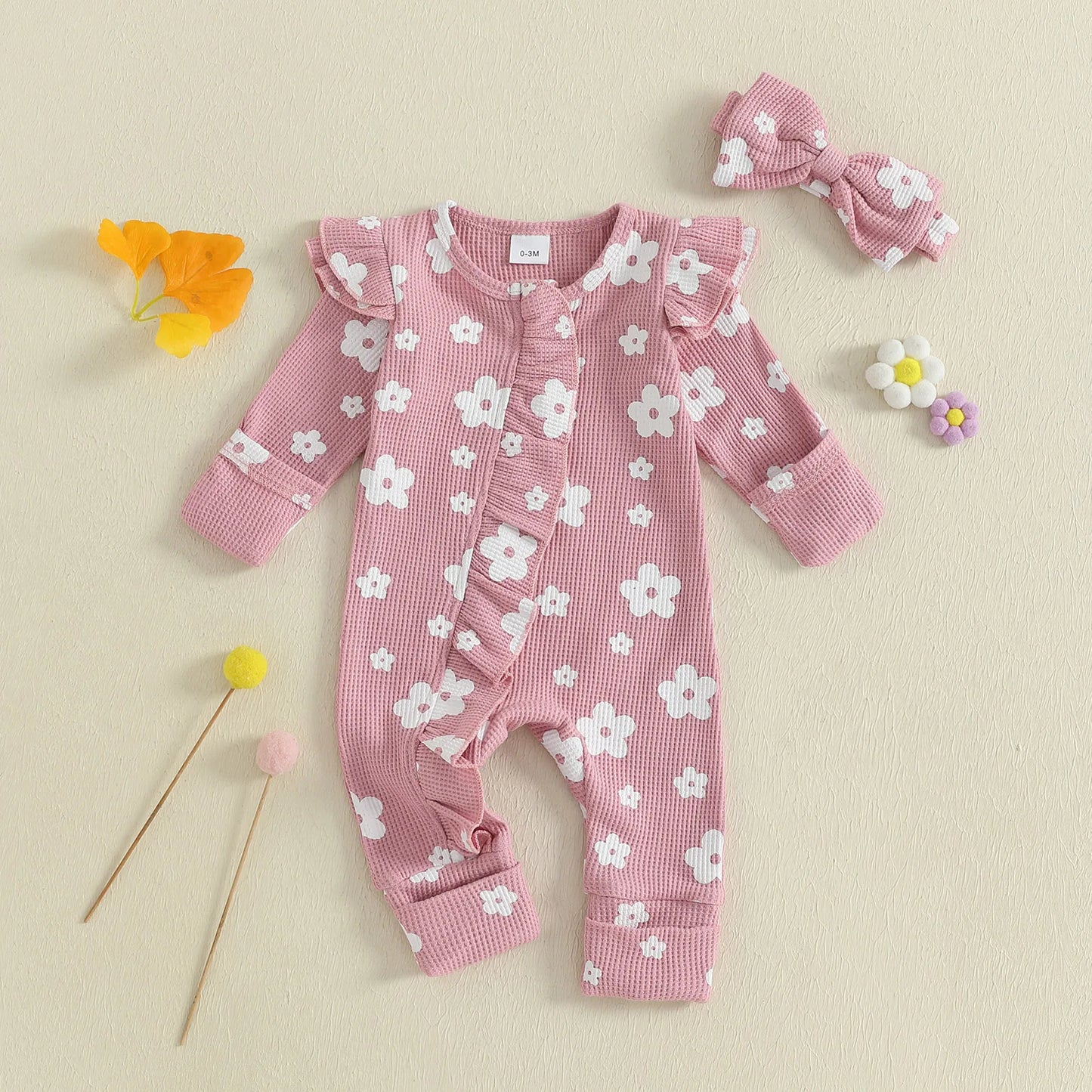 Ensemble bébé fille 2 pièces : combinaison florale à manches longues + bandeau .