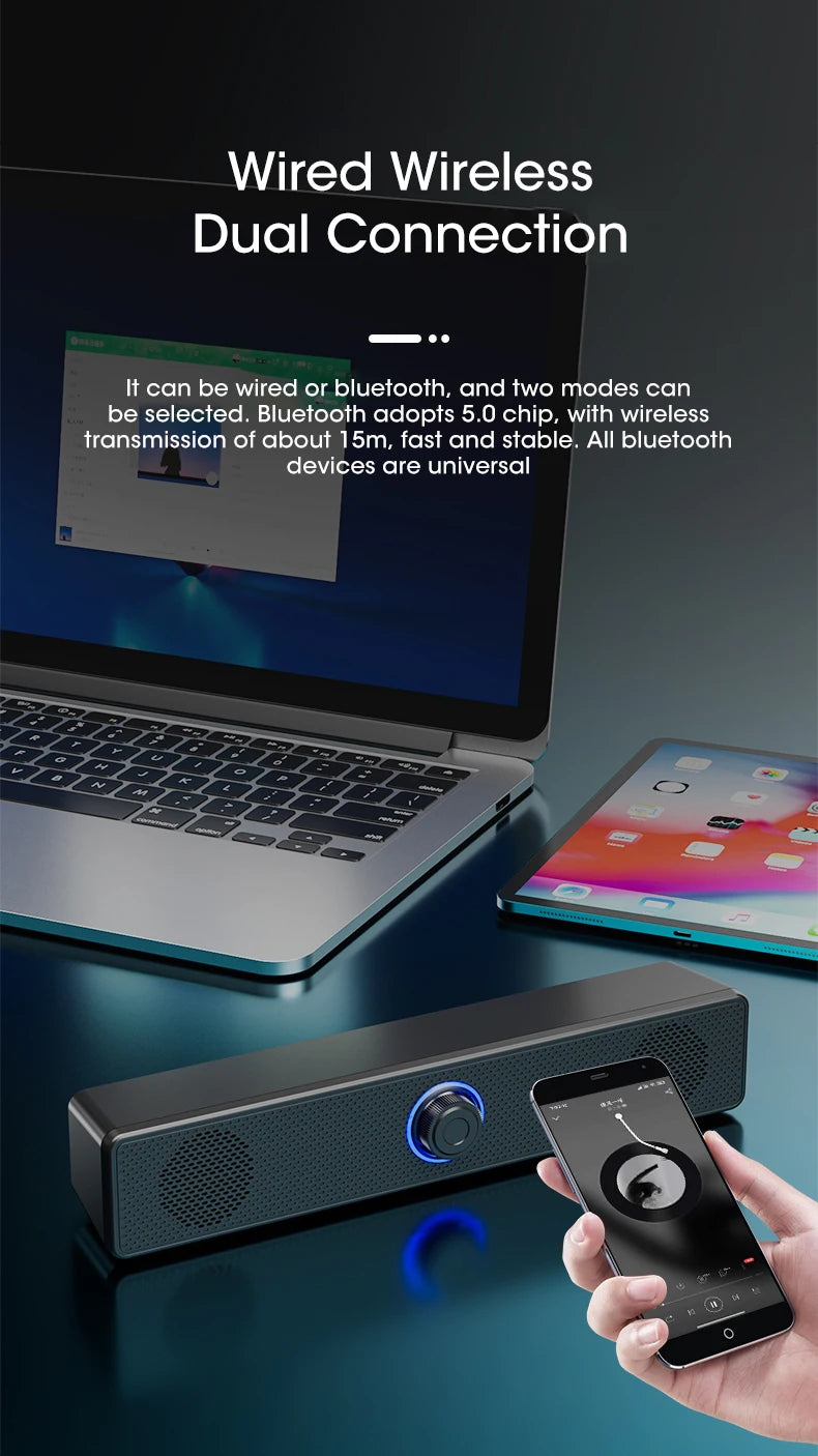 Barre de son filaire et Bluetooth USB 62 cm pour PC, TV, jeu et cinéma maison.