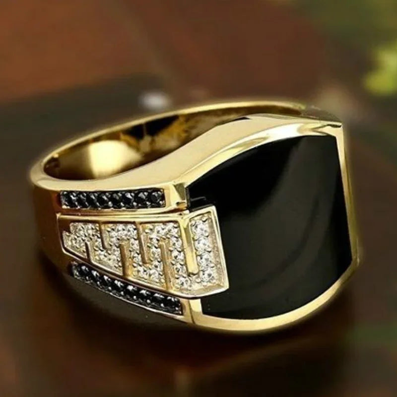 Bague Homme Classique Or et Pierre Noire – Style Punk, Zircon .