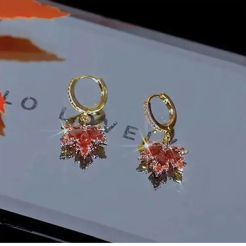 Boucles Oreilles Feuille Érable Rouge Vintage Cristal