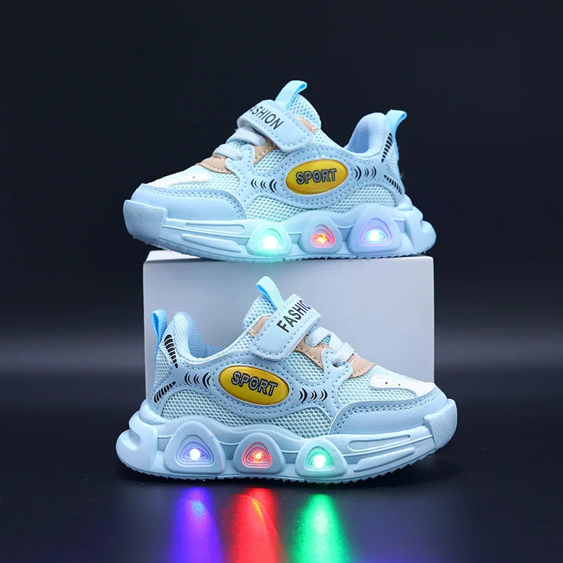 Baskets enfants cuir PU LED, été, respirantes, antidérapantes, taille 21-30, bleu/blanc/rose