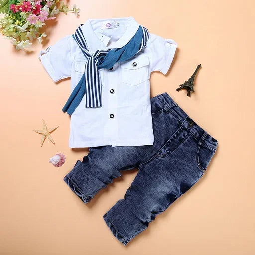 Ensemble été garçon 2-7 ans: haut coton manches courtes, jean et écharpe.