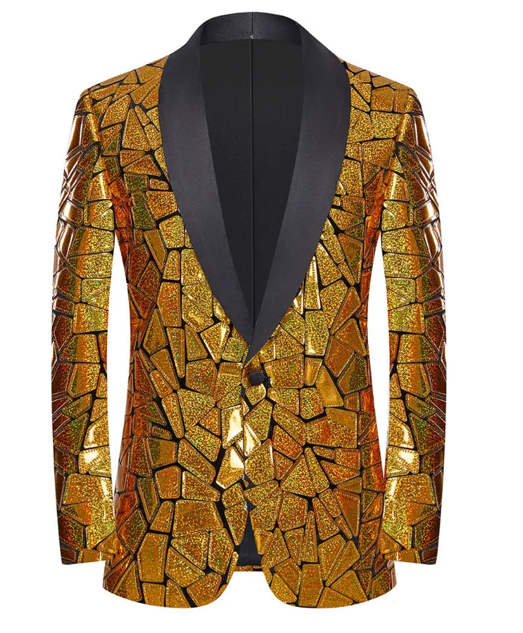Veste smoking homme luxe paillettes laser, col châle, un bouton, fête et scène.
