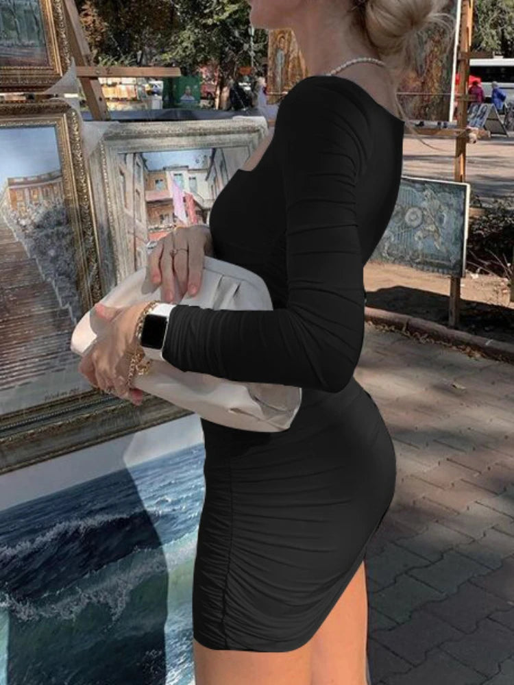 Robe moulante femme – mini, col carré, manches longues, unie, sexy soirée/club
