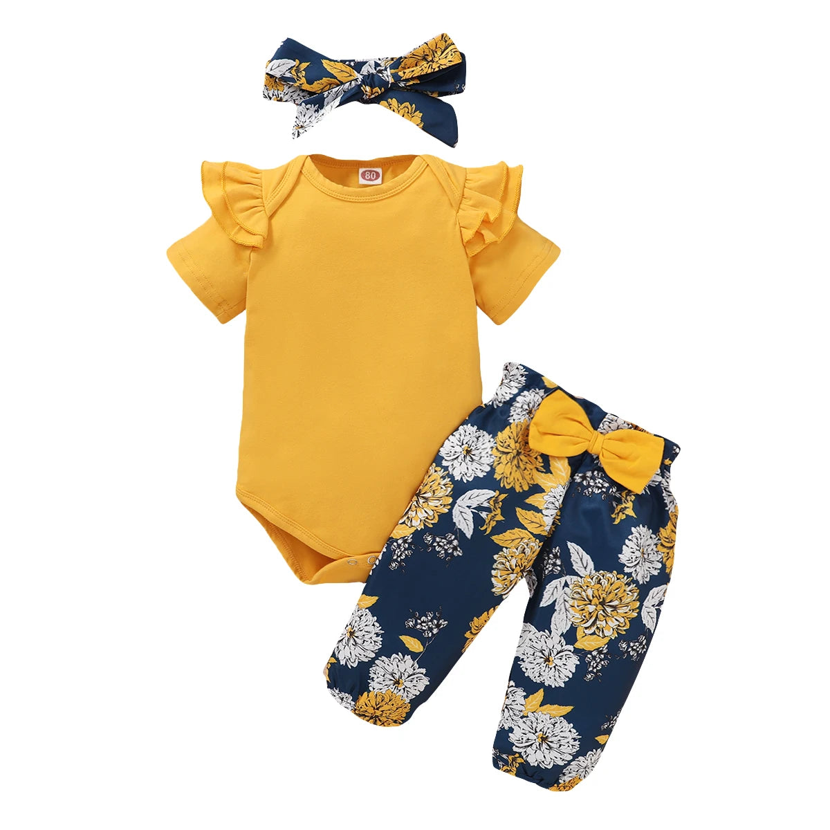 Ensemble bébé fille 3 pièces 0-18 mois : body manches courtes, pantalon fleuri et bandeau.