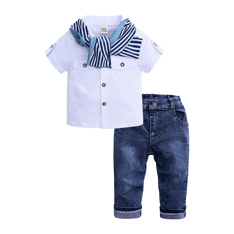 Ensemble été garçon 2-7 ans: haut coton manches courtes, jean et écharpe.