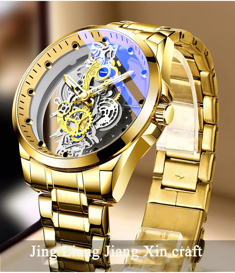 Montre homme quartz squelette doré rétro luxe .