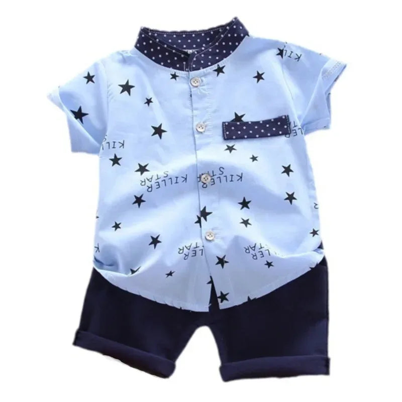 Costume d’été bébé garçon 2 pièces chemise et short, tenue décontractée et mode.