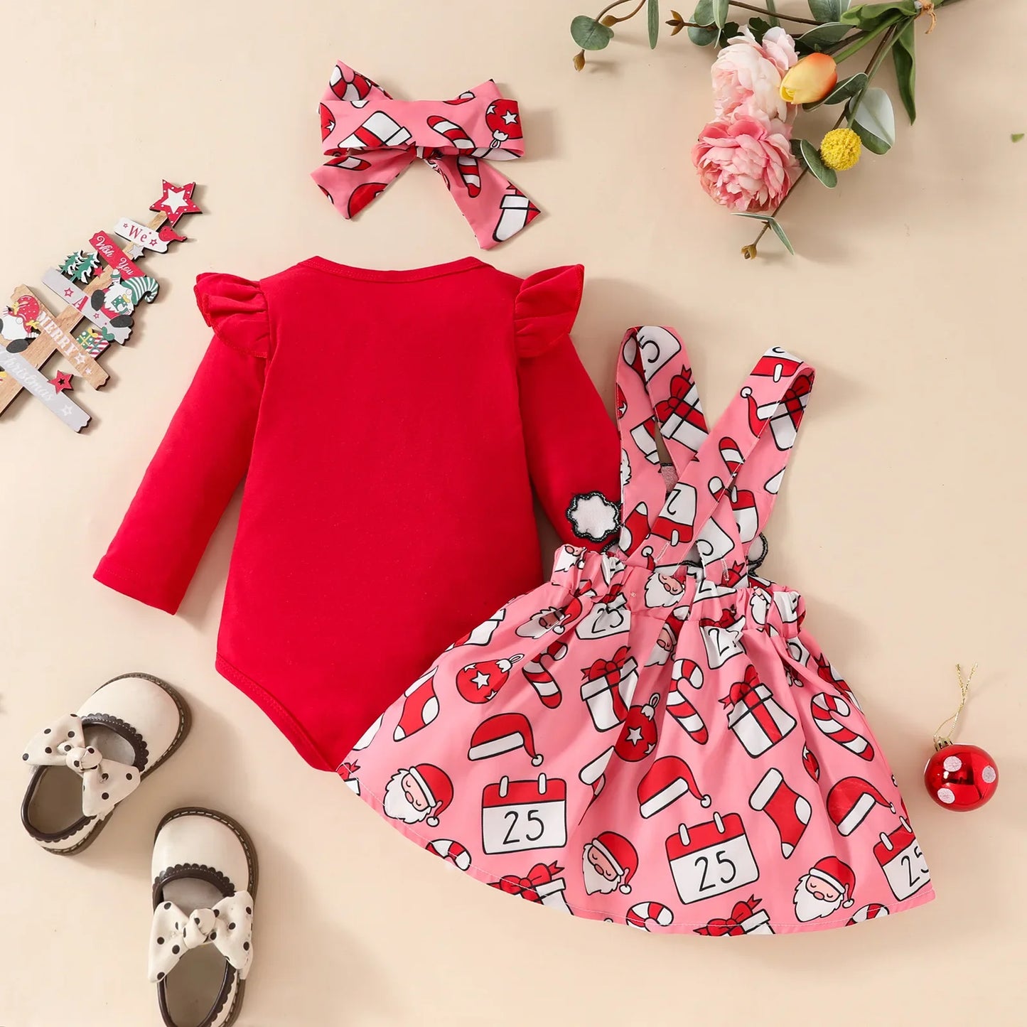 Ensemble Noël bébé fille 0‑18 mois – body imprimé, robe, bandeau