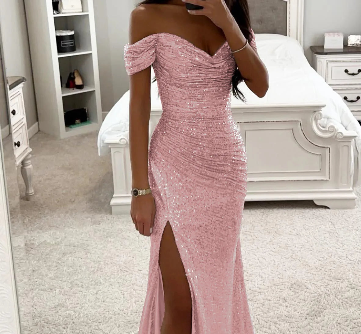 Robe Élégante Femme – Longue Coupe Sirène, Paillettes Champagne, Épaules Dénudées Chic
