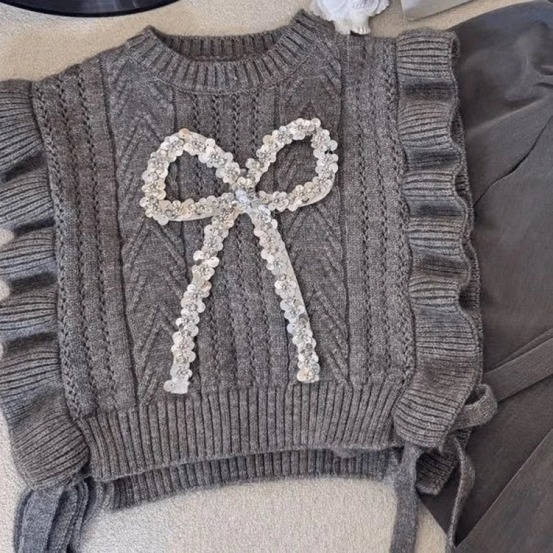 Ensemble 3 pièces fille– gilet tricoté, chemise, jupe plissée