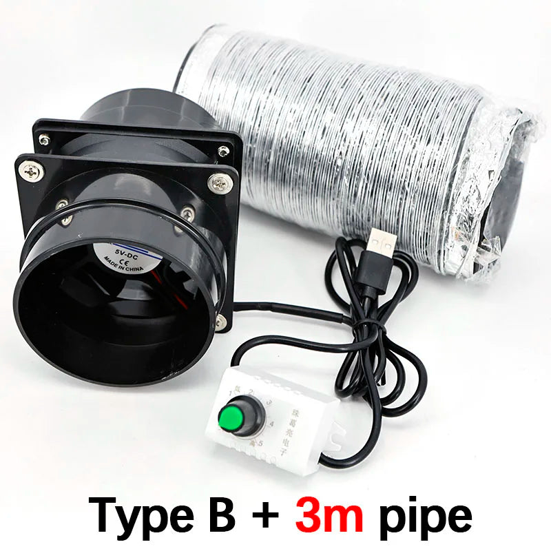Ventilateur Extracteur Fumée 2 Types DC 5V USB, Vitesse réglable, Conduit 1-2 Voies, Tuyau 1m/3m