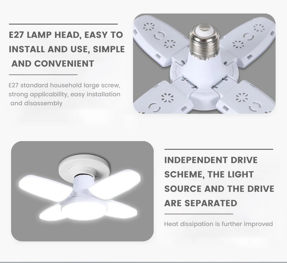 Ampoule LED pliable E27 28W, 40 LEDs, lumière blanche 6500K, pour plafonnier/garage .