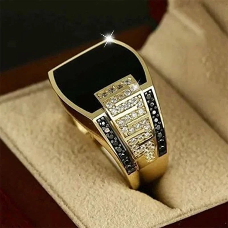Bague Homme Classique Or et Pierre Noire – Style Punk, Zircon .