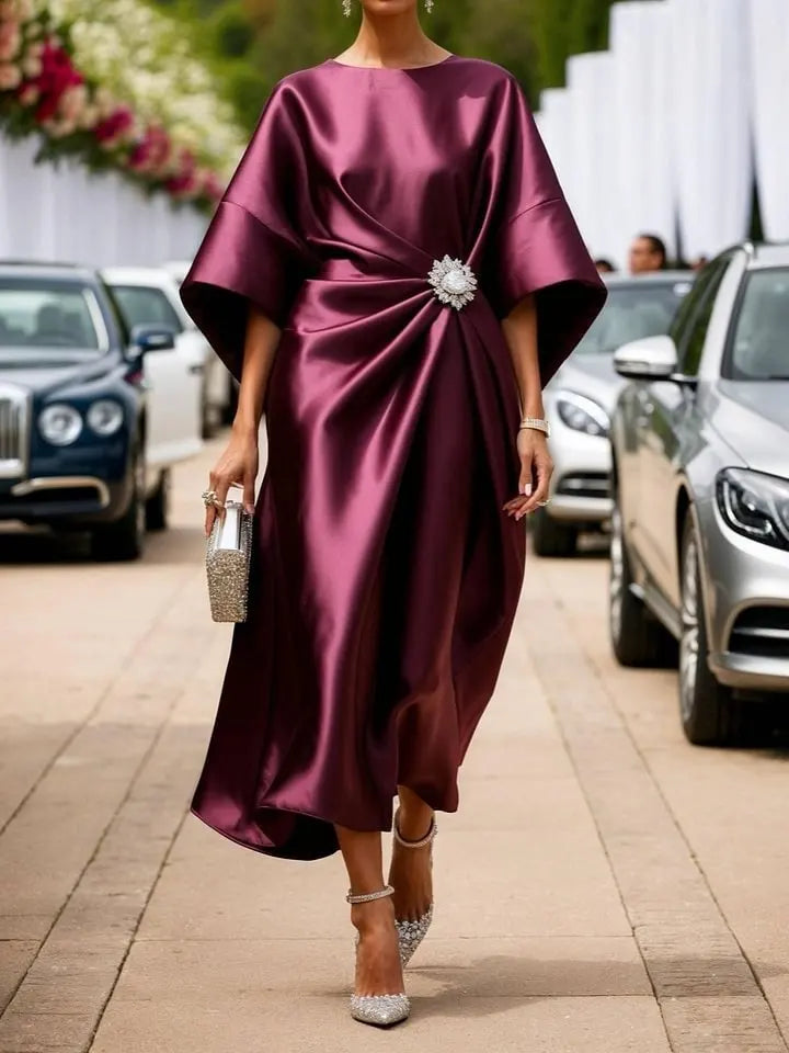 Robe Élégante Décontractée – Satin Perlé, Manches Courtes, Look Banlieue Tendance