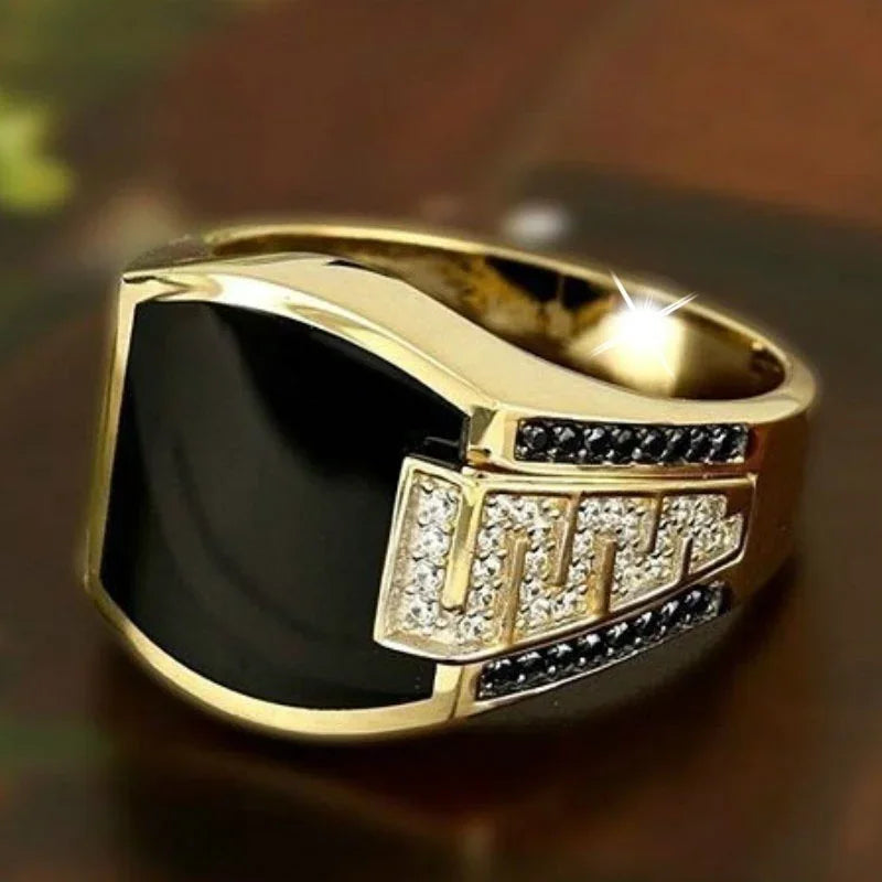 Bague Homme Classique Or et Pierre Noire – Style Punk, Zircon .