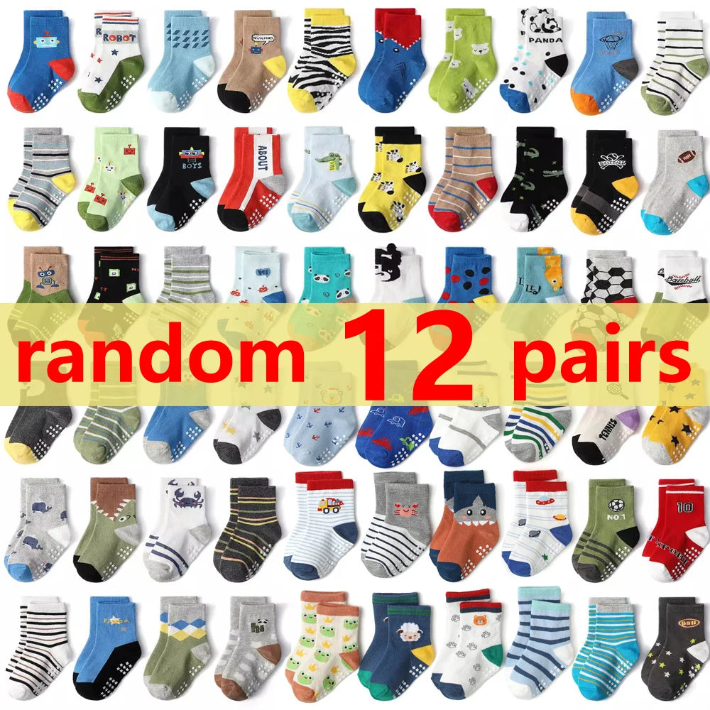 Chaussettes coton enfant/bébé – antidérapantes, respirantes, dessins animés (lot 1‑12 paires)