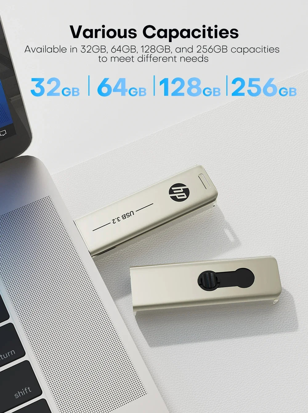 Clé USB HP métal haute vitesse USB 3.2, 32 Go à 256 Go pour PC bureau.