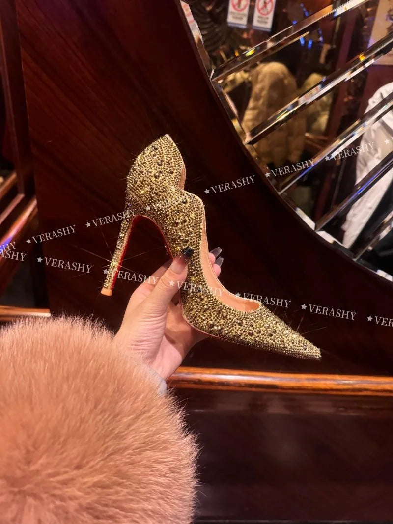 Talons Hauts Femmes 2025 Printemps – Chaussures Minces Pointues, Or Sexy, Style Français, Cristal, Semelle Rouge, Chaussures Mariage Élégantes