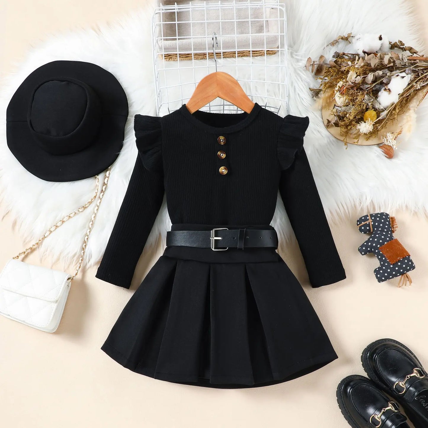 Ensemble fille 3 pièces automne/hiver – robe + ceinture + chapeau (2‑8 ans)