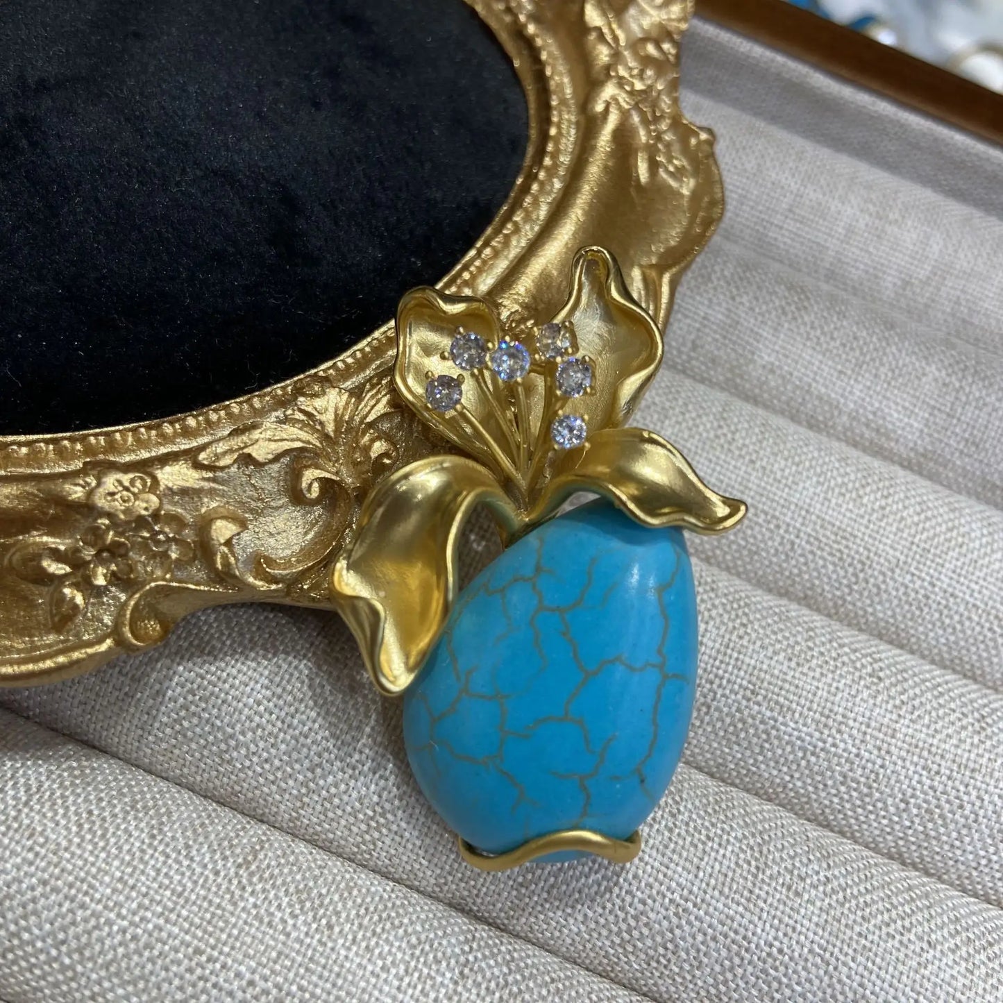 Collier vintage en cuivre turquoise pour femme – Broche en or et fleur tridimensionnelle