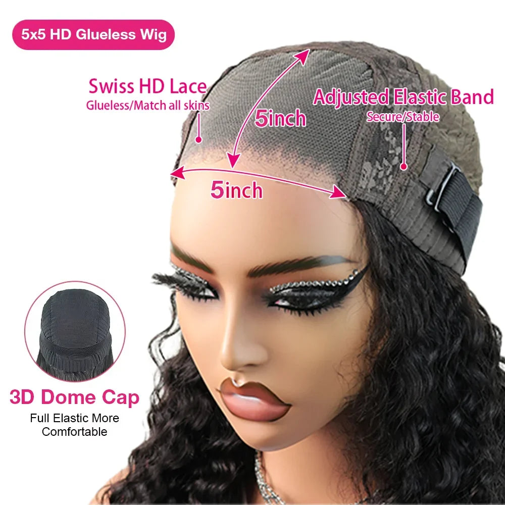 Perruque Glueless 100% Cheveux Humains 10A – Lace HD 5x5 Transparente, Crépus Bouclés, Nœuds Blanchis, Pré-Coupée, Qualité Supérieure