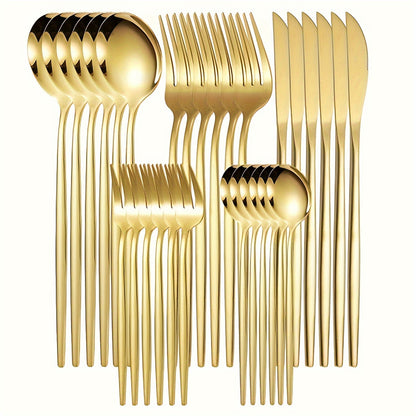 Elegant 30pcs Set Couverts Inox Doré – Couteaux, Fourchettes, Cuillères, Lavable Lave-Vaisselle .