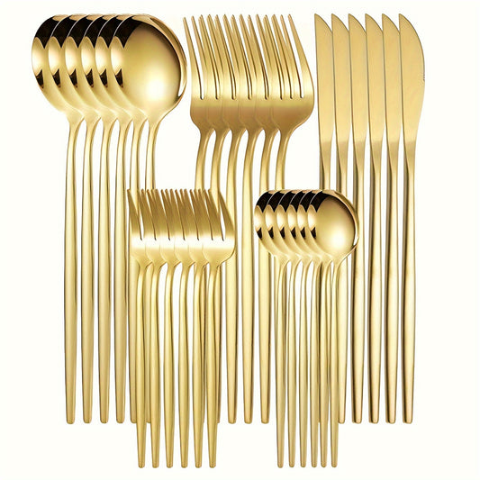 Elegant 30pcs Set Couverts Inox Doré – Couteaux, Fourchettes, Cuillères, Lavable Lave-Vaisselle .