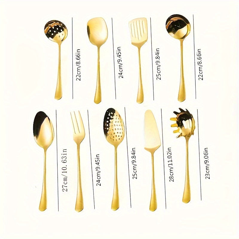 9pcs Set Ustensiles Cuisine Luxe Doré en Inox Poli Miroir .
