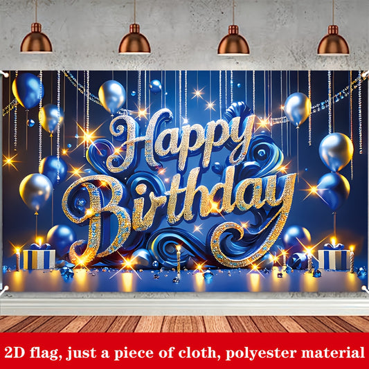 Bannière Anniversaire Bleue et Dorée – Décoration Fête en Polyester .
