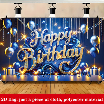 Bannière Anniversaire Bleue et Dorée – Décoration Fête en Polyester .