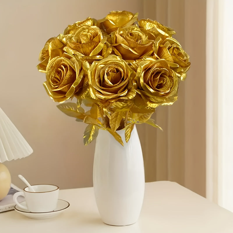 12pcs Bouquet Mariée Rose Dorée Réaliste – Décoration Fête et Maison .