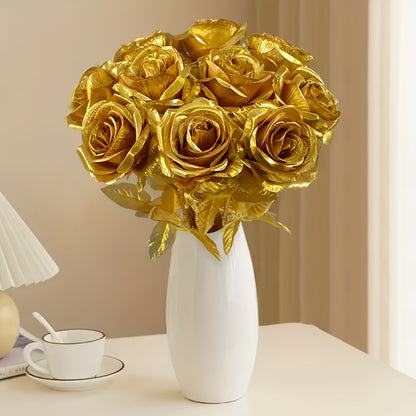 12pcs Bouquet Mariée Rose Dorée Réaliste – Décoration Fête et Maison .