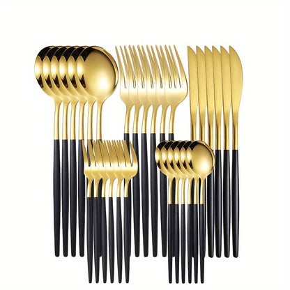 Elegant 30pcs Set Couverts Inox Doré – Couteaux, Fourchettes, Cuillères, Lavable Lave-Vaisselle .