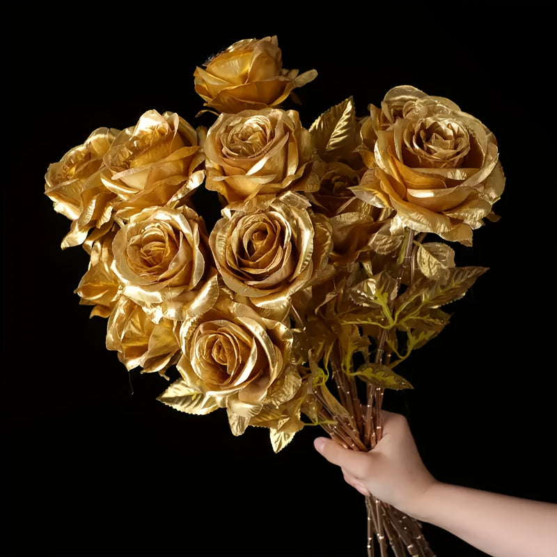 12pcs Bouquet Mariée Rose Dorée Réaliste – Décoration Fête et Maison .