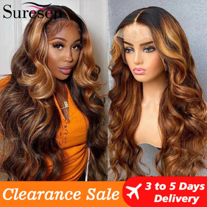 Perruque Lace Frontal Body Wave HD, cheveux humains, reflets blonds .
