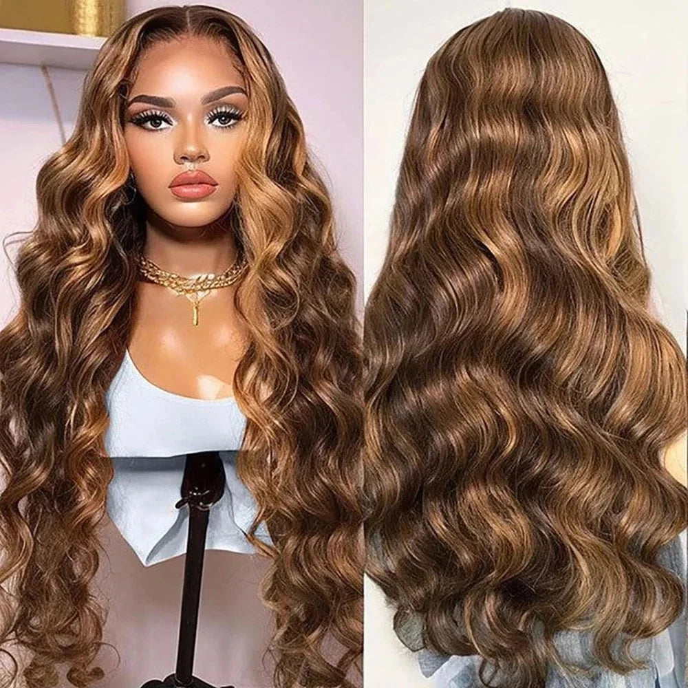 Perruque Lace Frontal Body Wave HD, cheveux humains, reflets blonds .
