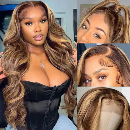Perruque Lace Frontal Body Wave HD, cheveux humains, reflets blonds .