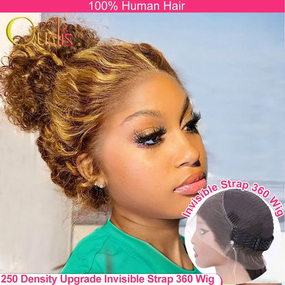 Perruque Lace Front Deep Wave blond miel, Full HD 250, densité 360, sans colle .