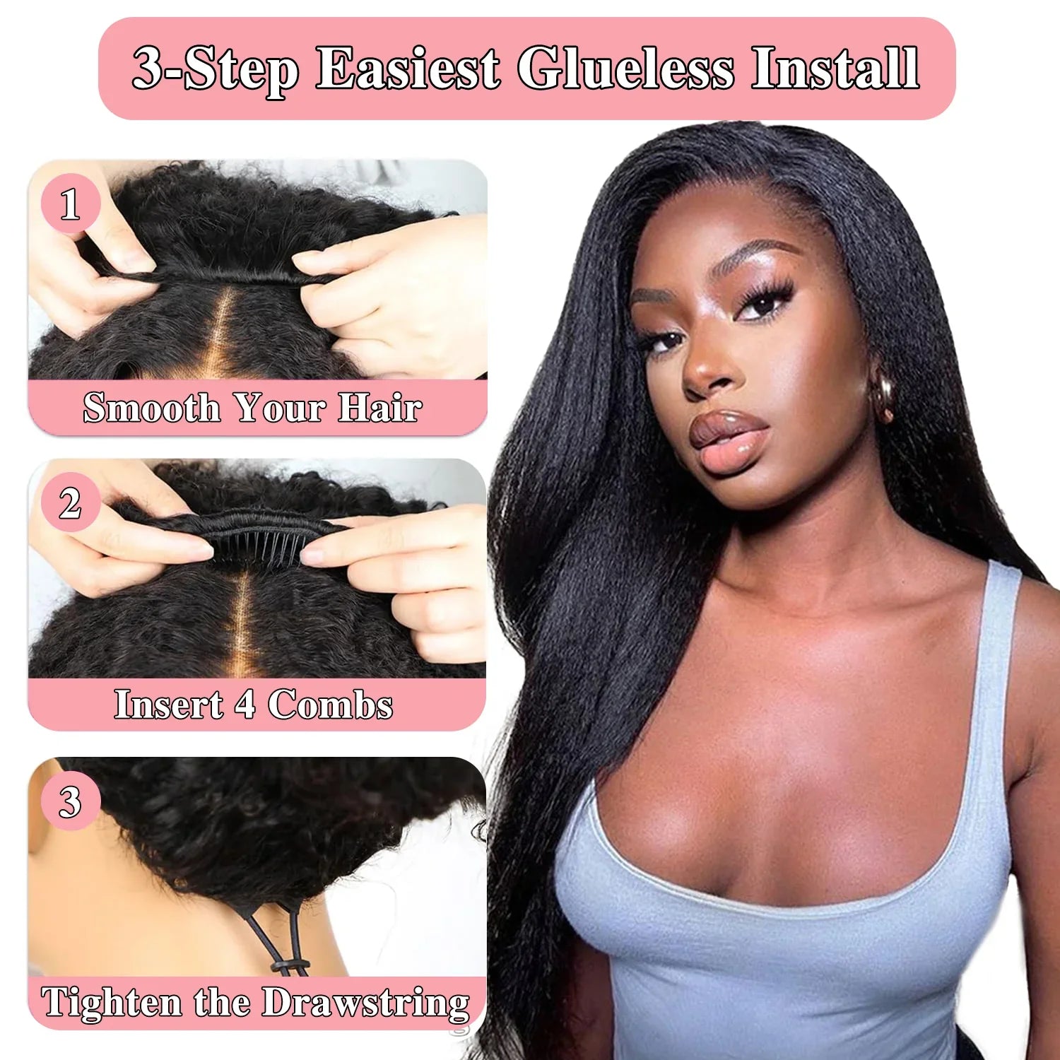 Demi-Perruque 3-en-1 Cheveux Humains Droits Crépus Sans Colle