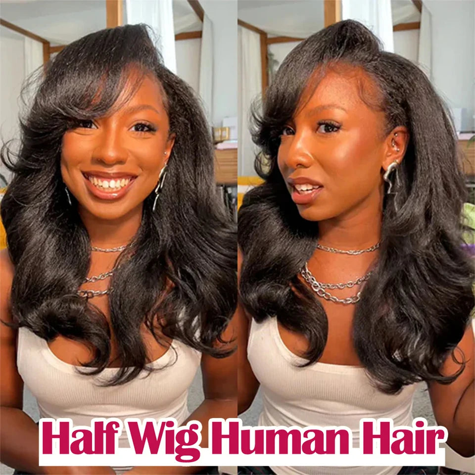 Demi-Perruque 3-en-1 Cheveux Humains Droits Crépus Sans Colle