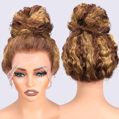 Perruque Lace Front Deep Wave blond miel, Full HD 250, densité 360, sans colle .