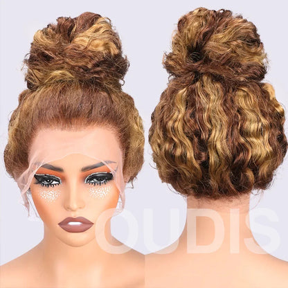 Perruque Lace Front Deep Wave blond miel, Full HD 250, densité 360, sans colle .