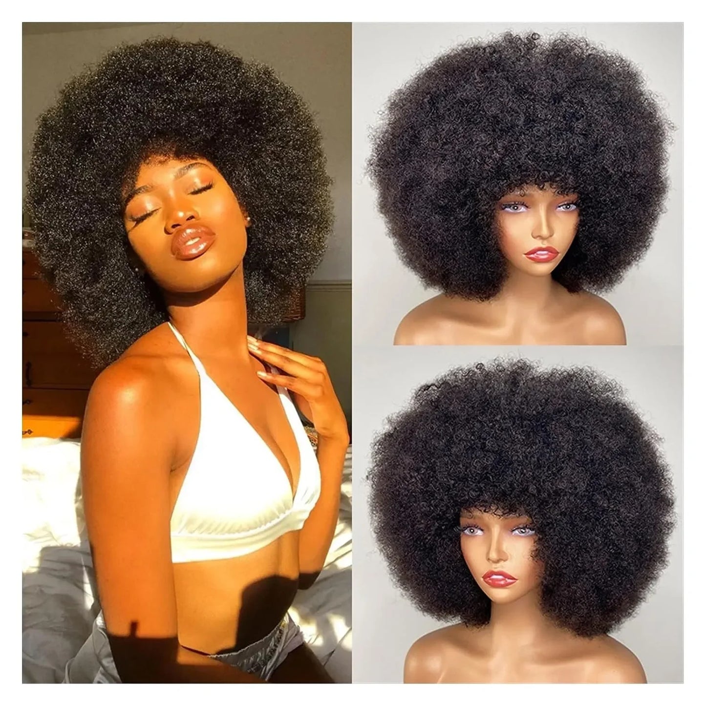 Perruques cheveux humains bouclés Afro courts avec frange – Perruques Bob naturelles, moelleuses, brésiliennes, 100% machine, densité 180%