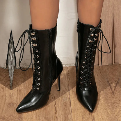 Bottines Chelsea noires femme, cuir PU, bout pointu, lacets et zip, style soirée .