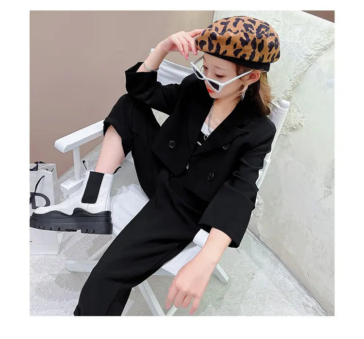 Ensemble fille ado 3 pièces : blazer, pantalon, ceinture, tenue formelle décontractée .