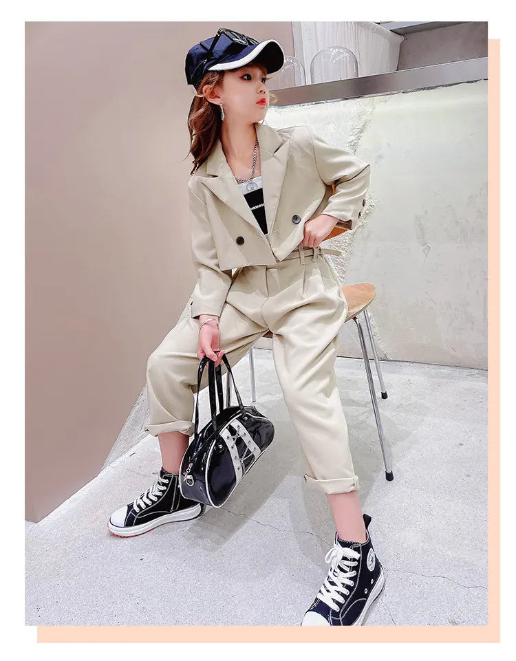 Ensemble fille ado 3 pièces : blazer, pantalon, ceinture, tenue formelle décontractée .